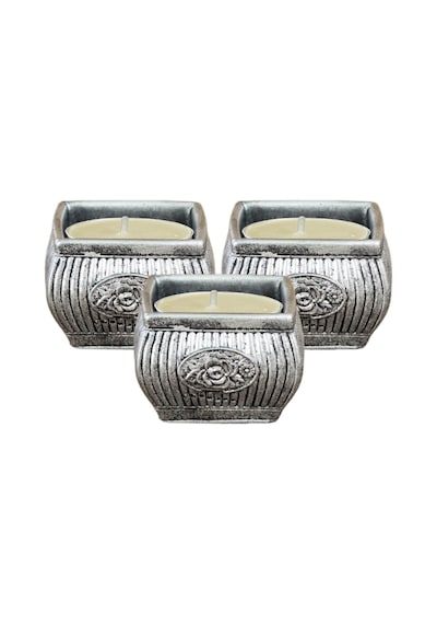 Mumluk Şamdan 3 Adet Tealight Uyumlu Üçlü Mini Çizgili Çiçekli Model - Gümüş Eskitme