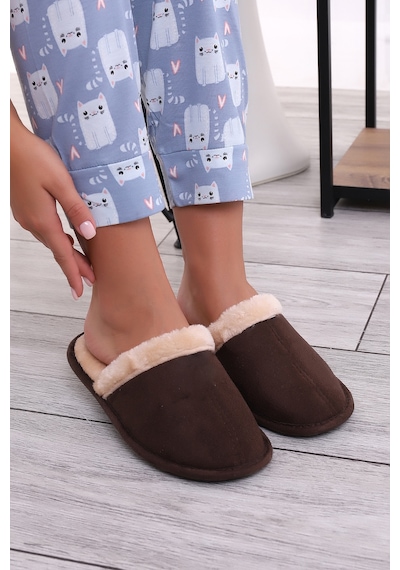 Wordex U050 Unisex Kışlık Ev İçi Terliği Kürklü Yünlü Terlik Kahverengi