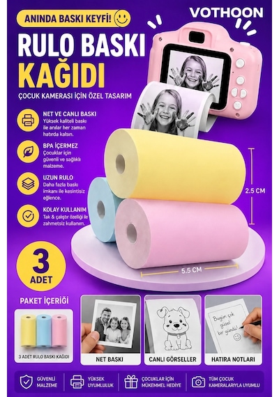 Çocuk Fotoğraf Makinesi Yedek Termal Baskı Kağıdı Renkli 3 Lü Rulo - 57x25mm
