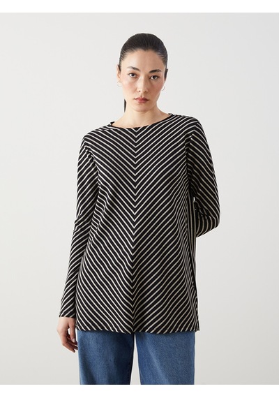 Lcwaıkıkı Classic Siyah Bisiklet Yaka Çizgili Oversize Kadın Tunik