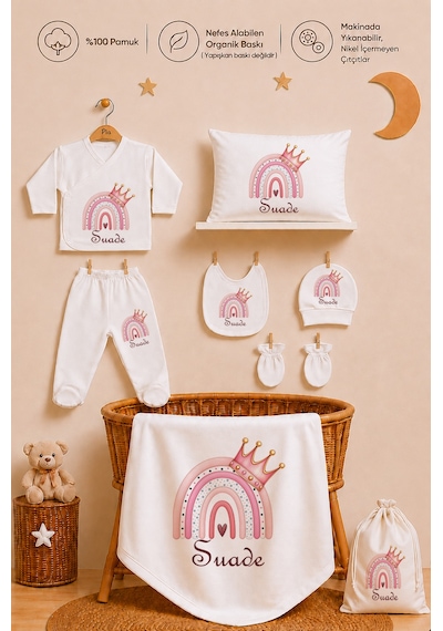 Pia Baby Kişiye Özel %100 Pamuk Kız Bebek Hastane Çıkışı Zıbın Seti 8 Parça Kese Hediyeli 1104zybk3x Krem