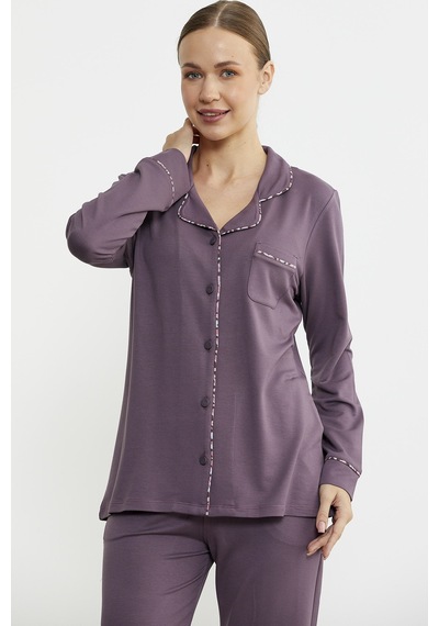 Sementa Düz Renk Gömlek Model Pijama Takım - Mor Mor
