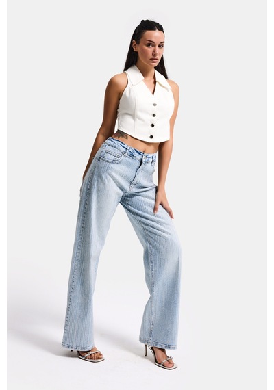 it's basic Kadın Kot Rengi T-4s6-3 Loose Fit Ön Arka Parlak Taşlı Tasarım Denim Jean