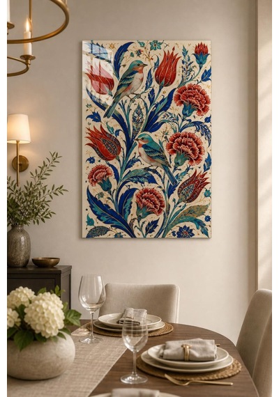 Osmanlı Motifli Kuş Ve Lale Desenli Baskılı Cam Tablo Dekoratif Duvar Sanatı
