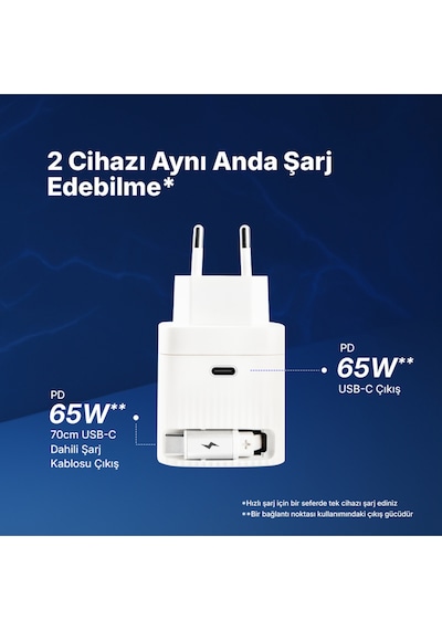Ttec Smartcharger Gan 65W PD Seyahat Hızlı Şarj Aleti USB-C + Dahili PD 65W 70 CM USB-C Şarj Kablosu