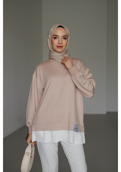 Moonsc Kadın Regular Fit %100 Pamuk Eteği Piliseli Bisiklet Yaka Tesettür Bej Tunik