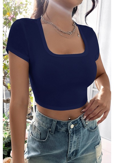Angbutik Kadın Lacivert Yarım Kol Düz Yaka Crop Top Bluz