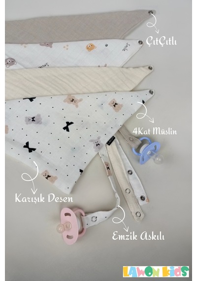 3 Adet Karışık Kız Desen %100 Pamuk 4 Katlı Müslin Kumaş Emzik Askılı Çıtçıtlı Bebek Önlük, Salya Önlüğü Çok Renkli