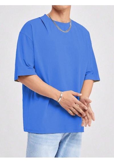Basic Süprem T-shirt - Sax Mavi Oversize Bisiklet Yaka Tişört Saks Mavi-78114