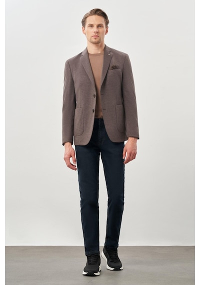 İmza Koyu Kahverengi Kazayağı Desen Örme Mono Yaka 2 Düğme 6 Drop Slim Fit Classic Ceket 1002245166 400 Koyu Kahverengi