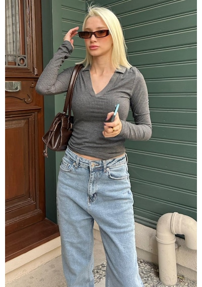 Madmext Antrasit Polo Yaka Fitilli Kadın Body Mg2566 Antrasit
