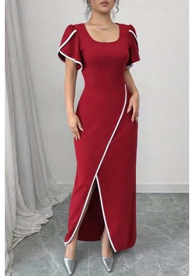 Alyn Wear Kadın Kısa Kollu Kare Yakalı Önden Çapraz Kesim Detaylı Krep Elbise Kırmızı