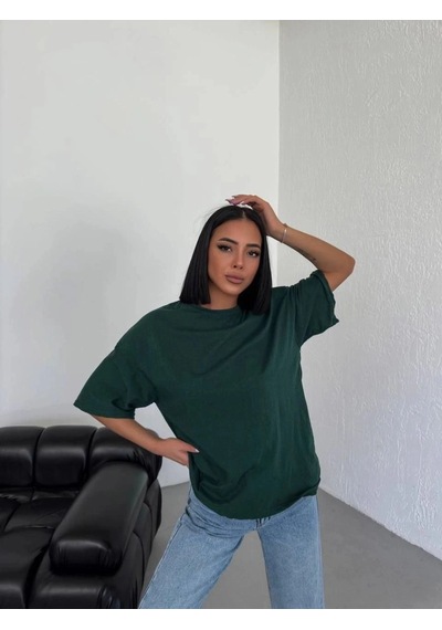 Freedom Storee Kadın Düz T-shirt Kısa Kol Bisiklet Yaka Oversize Rahat Kalıp Günlük Tişört - Haki Çok Renkli