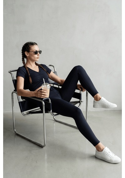 Woneagle Lacivert V Yaka İp Büzgülü Crop Basic Tişört Lacivert Lacivert