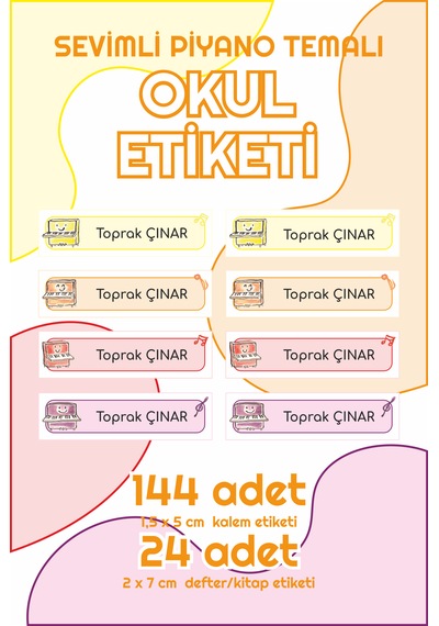 Rengarenk Sevimli Piyano Temalı İsimli Okul Etiketi Sticker Seti