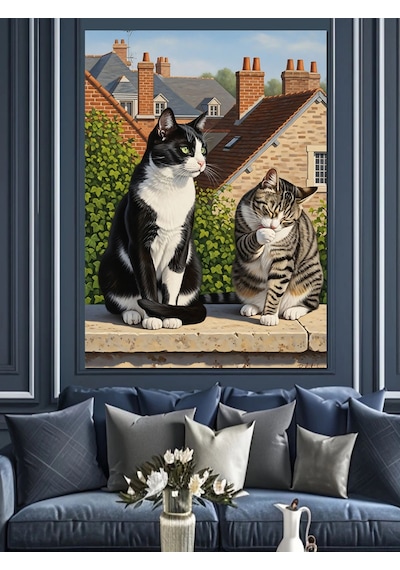 Ahşap Tablo Duvar Üstünde İki Kedi
