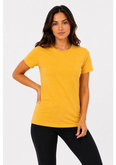 Kadın Basic Tişört Bisiklet Yaka Kısa Kol Günlük Yazlık Slim Fit T-shirt - Sarı