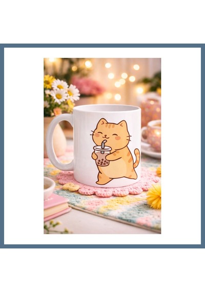 Buradabulabilirsin Sevimli Kedi Bubble Tea Tasarımlı Porselen Kupa Model 192 Boba Çayı İçen Kedi Kahve Kupası Kedi Severlere Hediyelik Kupa Bardak Bbz Diğer