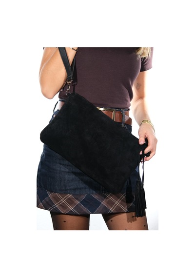 Morden Siyah Süet Hakiki Deri Kadın Clutch Çanta Siyah