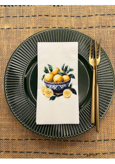 Mavi Beyaz Kase Limon Baskılı Sunum Peçetesi Beyaz 16 Adet