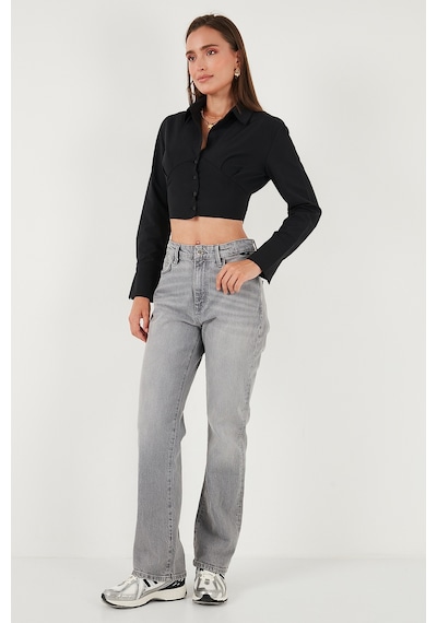 Lela Fitted Fit Pamuklu Korse Detaylı Uzun Kollu Crop Bayan Gömlek 611Go00376 Siyah