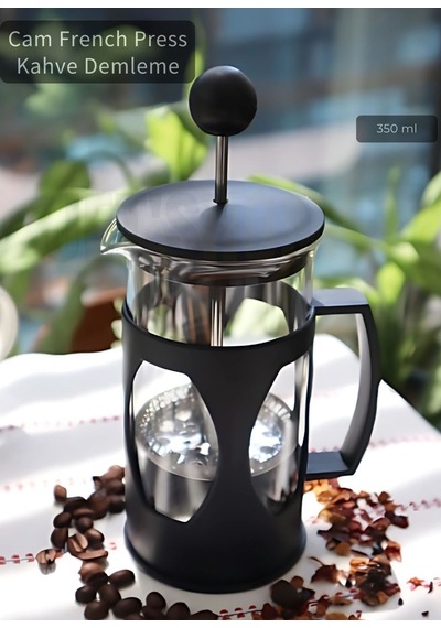 Cam French Press Kahve Demleme Paslanmaz İç Yapı Siyah 350 Ml Siyah