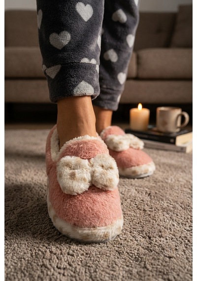 Nmoda Kadın Fiyonklu Yumuşak Peluş Panduf İçi Kürklü Kaymaz Taban Kışlık Sıcak Tutan Ev Terliği Ev Botu Pembe