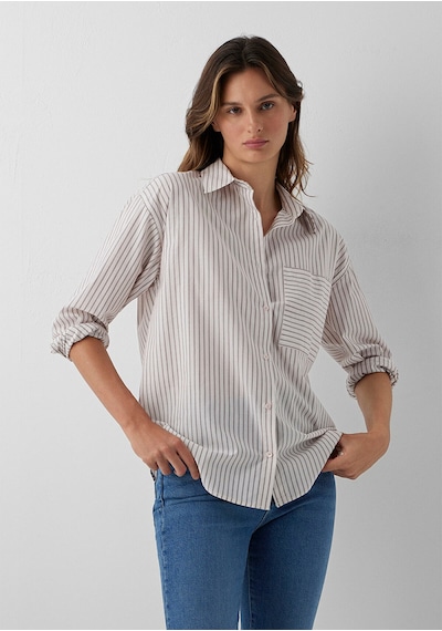 Mavi Bordo Çizgili Gömlek Loose Fit / Bol Rahat Kesim 1211201-87982 Ekru