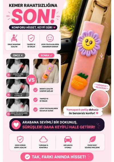Çiçek Ve Meyveli Pembe Emniyet Kemeri Aksesuarı - Emniyet Kemeri Kılıfı - Araç Emniyet Kemeri Omuz Koruyucu 1 Adet
