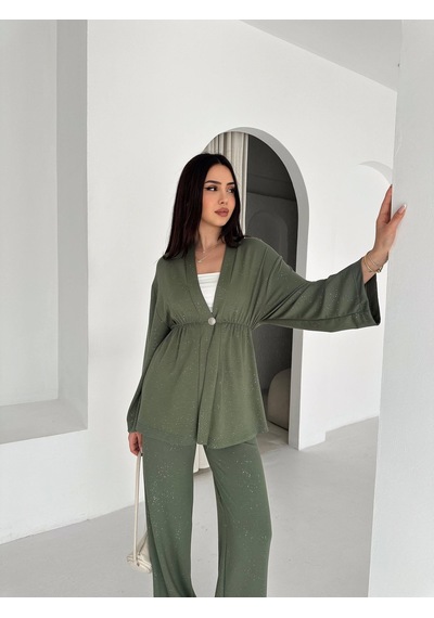 Kadın Simli Uzun Kol Modal Kumaş Kimono Pantolon İkili Takım Şık Ve Rahat Kadın Takım Yeşil Kadın Simli Uzun Kol Modal Kumaş Kimono Pantolon İkili Takım Şık Ve Rahat Kadın Takım Yeşil