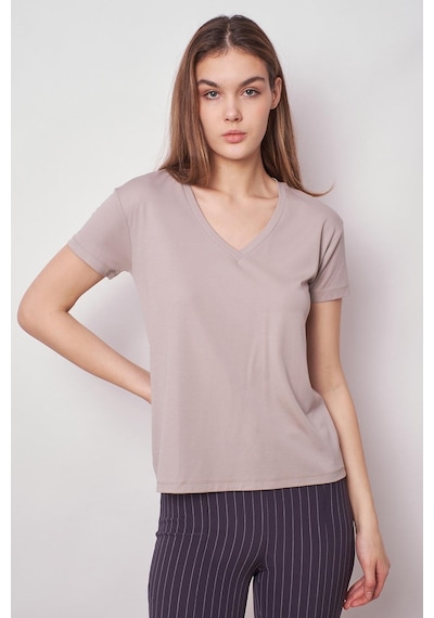 Jument Kadın V Yaka Kısa Kol Likralı Kumaş Şık T-shirt Bluz-gri Gri