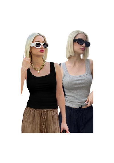 Madmext 2'li Paket Gri-siyah Fitilli Askılı Basic Atlet Mg2427 Gri/siyah