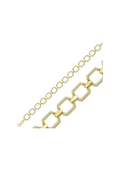 Gümüş Gold Kare Taşlı Kadın Bileklik Gümüş