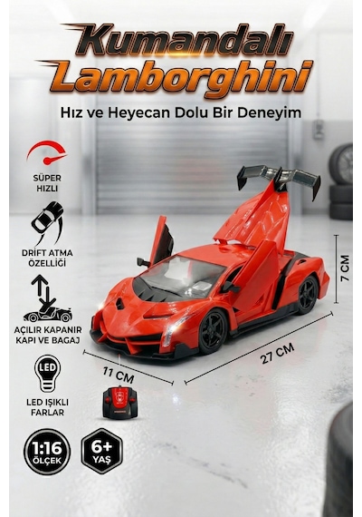 Uzaktan Kumandalı Işıklı Spor Araba - 1:16 Büyük Boy Açılır Kapı Ve Bagajlı Oyuncak Araba Kırmızı Lamborghini