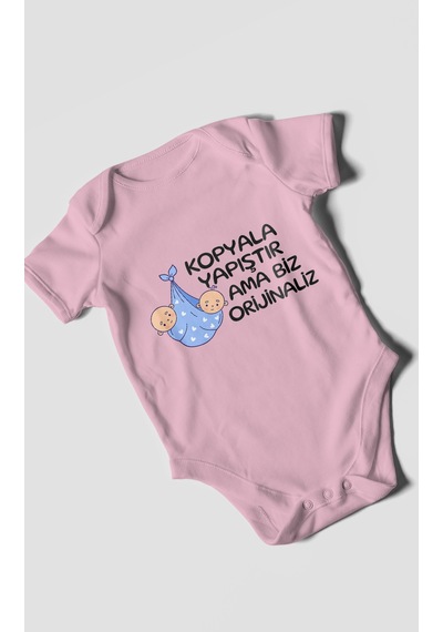 Morivokids Kopyala Yapıştır, Ama Yazılı Kısa Kollu Bebek Body %100 Pamuk Koyu Pembe