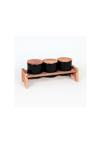 Keramika Ahşap Standlı Mat Siyah Ege Saklama Kabı 10 Cm 4 Parça Mat Siyah