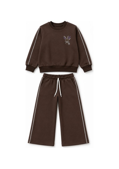 Rony Pony Kids Kız Çocuk Kahverengi Çiçek Nakışlı Omuz Biyeli Sweatshirt Ve Palazzo Eşofman Takımı
