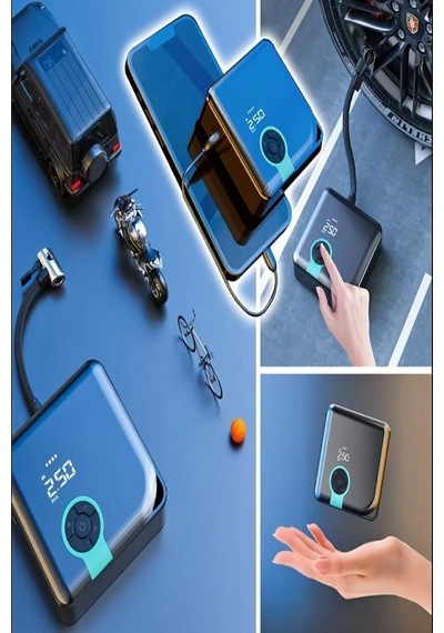 Hava Pompası Şarjlı Taşınabilir Basınç Göstergeli Kompresör Powerbank Lastik Şişirme Pompa Kit Hediy