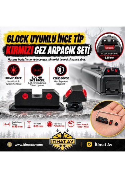 Glock Uyumlu İnce Tip Kırmızı Fiber Optik Gez Arpacık Seti
