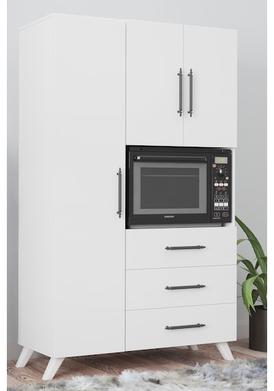 AE-2074 Aras Beyaz Çok Amaçlı Mutfak Dolabı&Banyo Dolabı,Kiler, 3 Kapaklı, 3 Çekmeceli, Fırın bölme Beyaz