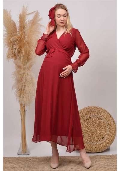 Dip Moda Kadın Beyaz Baby Shower Şifon Hamile Elbise Dphml003 Bordo