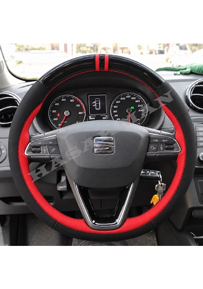 Seat Toledo Dikme Direksiyon Kılıfı Parlak Siyah Kırmızı Detaylı Kırmızı Çift Yüzük Ve Dikiş 2015-2018