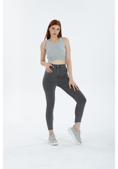 Yüksek Bel Gri Skinny Jean Pantolon Gri