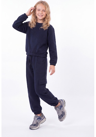 Fyk Kids 3 İplik Kız Çocuk Düz Kısa Bel Sweatshirt Bisiklet Yaka Eşofman Takımı Lacivert