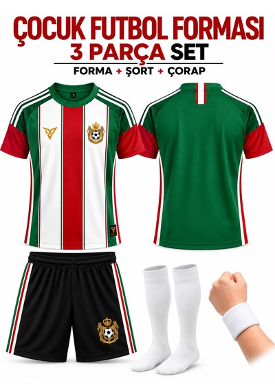 Yenteks İsim Yazılır Çocuk Futbol Forması Yeşil Beyaz T Özel Tasarım 4 Parça Forma+şort+çorap+bileklik Beyaz - Yeşil