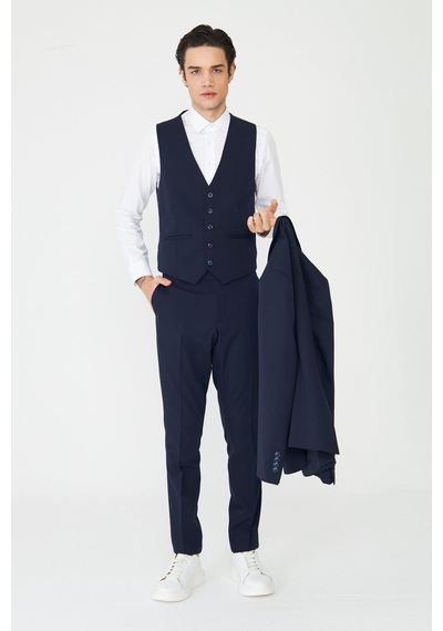 Lacivert Klasik Yaka Modern Slim Fit Yelekli Takım Elbise Laci