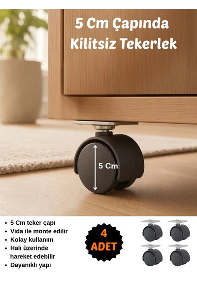 4'lü Set Kilitsiz 5cm Tekerlek Masa Dolap Taşıma Aparatı Tekeri Siyah 4 Adet