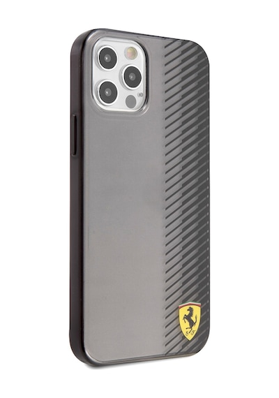 Apple Uyumlu iPhone 12 Pro Max Kılıf Ferrari Lisanlı Klasik Metal Logolu Transparan Çizgi Desenli Gradient Siyah
