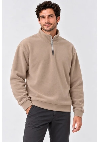 Butik İstanbul Erkek Polar Dik Yaka Yarım Fermuarlı Uzun Kollu Regular Fit Kışlık Sweatshirt - Bej