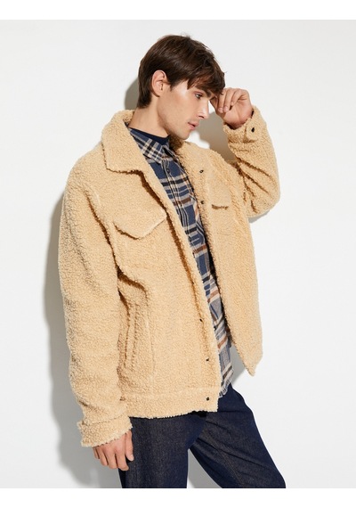 Koton Oversize Peluş Ceket Çift Cepli Polo Yaka Çıtçıt Düğmeli Bej 4wam50029mk 4WAM50029MK057 Ekru